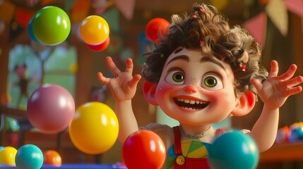 Wall Mural - With a determined expression, the cute character attempts to juggle a set of colorful balls found among the studio's props.