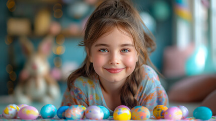 cute little girl preparing to Easter in school or kindergarten, at home. painting eggs