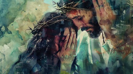 Wall Mural - Veronica Wipes The Face Of Jesus. Digital Watercolor Painting - Beautiful Love Concept