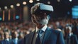 Vr Experience Senior Business Manager Man Attend Meeting Wearing Vr Virtual Goggle Glasses Standing In Auditorium Convention Hall With Crowd Of Business People Background