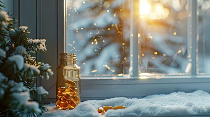 Wall Mural - Vitamin D Capsules Tablets On The Windowsill Near A Snowy Winter Window. Omega 3 Fish Oil Capsules And A Glass Bottle. Winter Lack Of Sunshine Concept