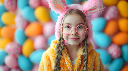 Wall Mural - cute little girl in bunny ears with Easter eggs on Easter background, Easter holiday card