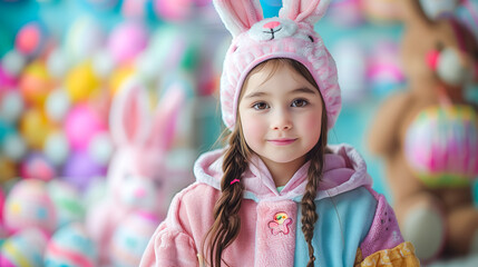 Wall Mural - cute little girl in bunny ears with Easter eggs on Easter background, Easter holiday card