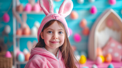 Wall Mural - cute little girl in bunny ears with Easter eggs on Easter background, Easter holiday card