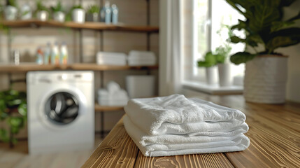 Canvas Print - 
The foreground features a wooden surface, possibly a table or countertop, with visible wood grains. A stack of neatly folded white towels is placed prominently in the foreground. 