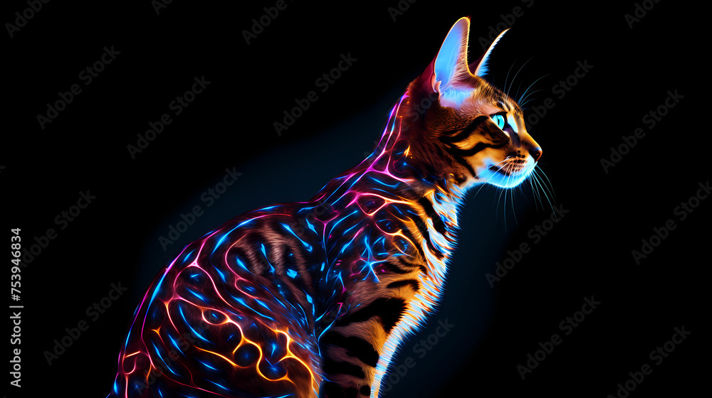 Bengal Cat Animal Plexus Neon Black Background Digital Desktop ...