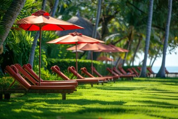 Wall Mural - photograph of a Beautiful lawn with red umbrellas and sunbeds on the beach, a sunny day Generative AI