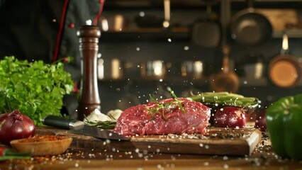 Wall Mural - Close-up of falling salt on tasty beef steak in kitchen, super slow motion, filmed on high speed cinematic camera at 1000 fps. Camera movement.