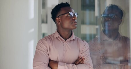 Canvas Print - Black business man, vision and window in office for thinking, idea or reflection for decision at job. Person, entrepreneur and insight in workplace for choice, memory or view by glass for perspective