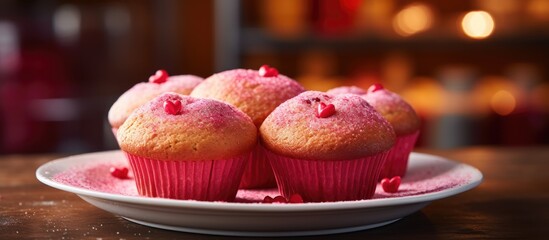 Canvas Print - A white plate is seen holding three pink cupcakes with heart-shaped red decorations, all covered in colorful sprinkles. The cupcakes look delicious and ready to be enjoyed.