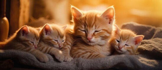 Sticker - A group of kittens, including a young ginger kitten nursing from its mother, are cuddled together on a cozy blanket in a domestic setting. The kittens are surrounded by comfortable domesticated cats