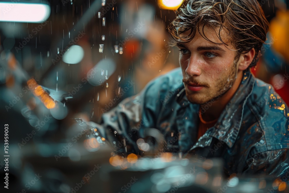 Focused young mechanic with wet hair among raindrops and machinery in a workshop