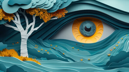 Wall Mural - mystical eye amidst blue paper waves, world book day celebration, paper cut style