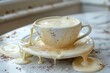 A teacup on its side with creamed coffee spilling out into a round puddle on a white table. Generative AI