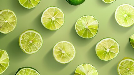 Wall Mural - Green lemon and lime wedge pattern on a gradient lime green background.