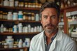 © svastix - A serious-looking, mature pharmacist wearing a lab coat stands in a pharmacy with shelves of products