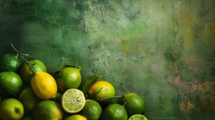 Wall Mural - Vibrant close-up of fresh green lemons and limes against a textured green background.