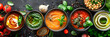 Homemade vegetarian soups and ingredients for cooking. In a bowl. Healthy food concept. Advertising photo.