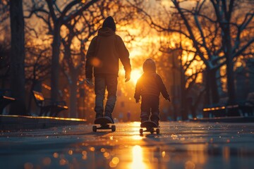 Evocative image of two people skateboarding together at sunset, creating a bond