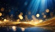studio Golden light shine particles bokeh on navy blue background, abstract background with Dark blue and gold particle,  space for text background, sky with stars and clouds