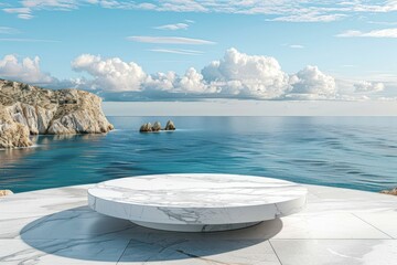 White marble podium with expansive ocean views. Generate AI image