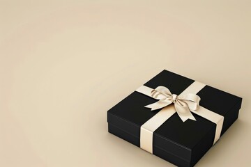 A black box with beige bow in bottom right corner in clear plain beige background 