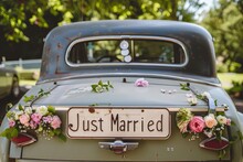 Vintage Car With Just Married Written In Cursive Font On Number Plate. Car Decorated With Flowers 