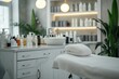© Лена Шевчук - Interior of new beauty salon with spa massage table and set of skincare products ready for use