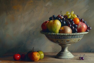 A vintage still life painting of a fruit bowl reimagined in a modern setting