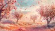 Surreal orchard where trees bear origami fruits, dreamy pastel sky, whimsical landscape - ultra-realistic