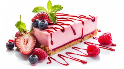 strawberry cheesecake and fresh berries isolated on white background