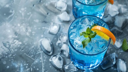 Wall Mural - Tasty Blue Lagoon cocktail on light grey table, top view