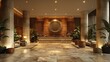 Artistic lobby of a hotel with fixtures, plants, wood doors, and flooring