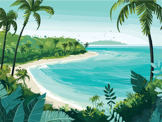 Wall Mural - A natural landscape with palm trees, water body, and clear blue sky