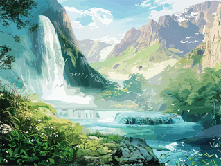 Wall Mural - Waterfall embraced by mountains and trees in a natural landscape painting