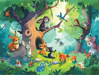 Wall Mural - Organisms under a tree in a forest ecoregion, enjoying the natural environment