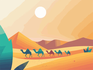 Wall Mural - Camels trekking across the painted orange landscape of the desert