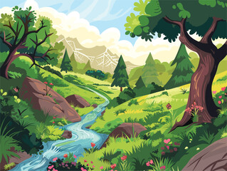 Wall Mural - A river flowing through a lush green forest in a natural landscape