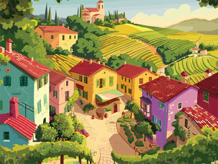 Wall Mural - A scenic painting of a village with a church in the background