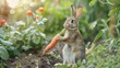 Mischievous Easter bunny stealing carrots from a garden.