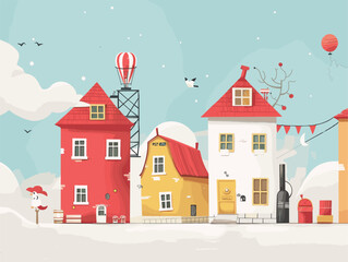 Wall Mural - Row of houses with a hot air balloon on top, blending art and architecture