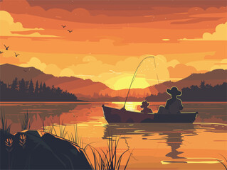 Wall Mural - Man and child fishing in boat on lake at sunset with beautiful afterglow in sky