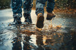 A close-up of a modern parent and their child's feet jumping into a puddle, splashing water everywhere. The joy and excitement are palpable in the movement of their interaction.