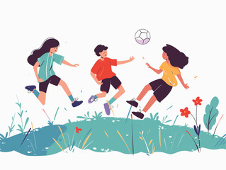 Wall Mural - Happy children in shorts and tshirts playing soccer. Leisure and fun in nature