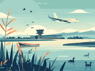 Wall Mural - a plane is flying over a lake with boats and ducks