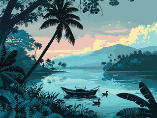 Wall Mural - Boat drifts on azure water, framed by palm trees under the clear sky