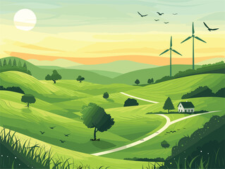 Wall Mural - A green landscape with windmills, trees, grassland, and a clear blue sky