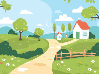 Wall Mural - A green ecoregion with trees and a house on a country road under the blue sky