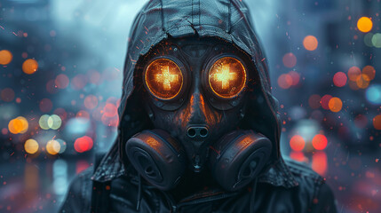 Fashion cyberpunk girl in leather hoodie jacket wears gas mask with protective glasses, filters. Colorful 3d render of human skull with cross in eyes, glowing green wires on night light bokeh in city