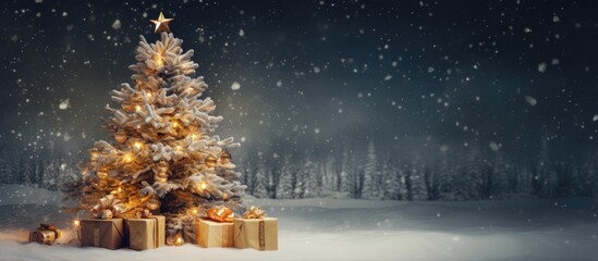 Canvas Print - A traditional Christmas tree stands adorned with colorful lights and ornaments, surrounded by presents wrapped in festive paper, all set against a backdrop of snow-covered ground.